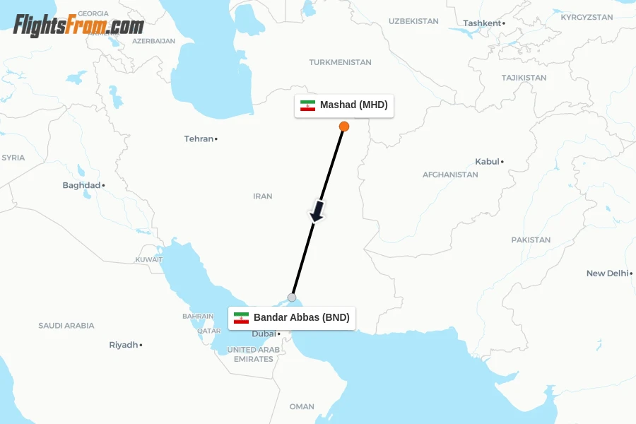Flights from Mashad to Bandar Abbas route map