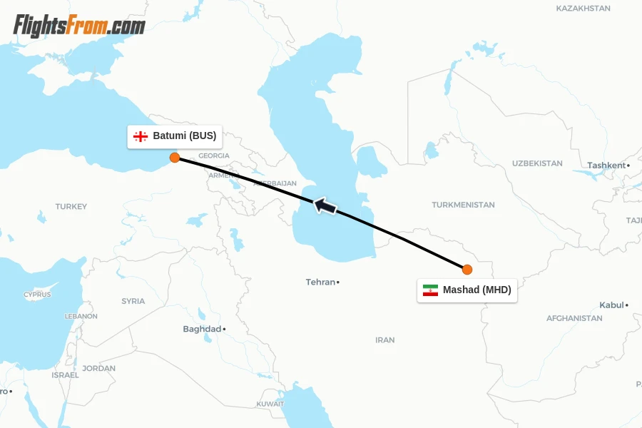 Flights from Mashad to Batumi route map