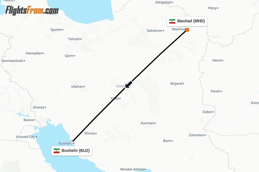 Flights from Mashad to Bushehr route map