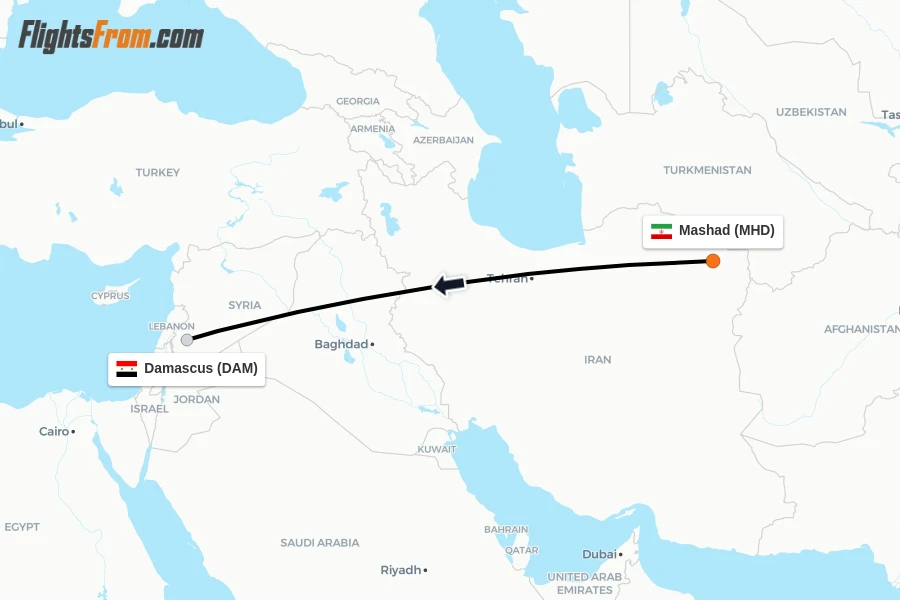 Flights from Mashad to Damascus route map