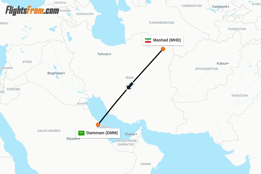 Flights from Mashad to Dammam route map