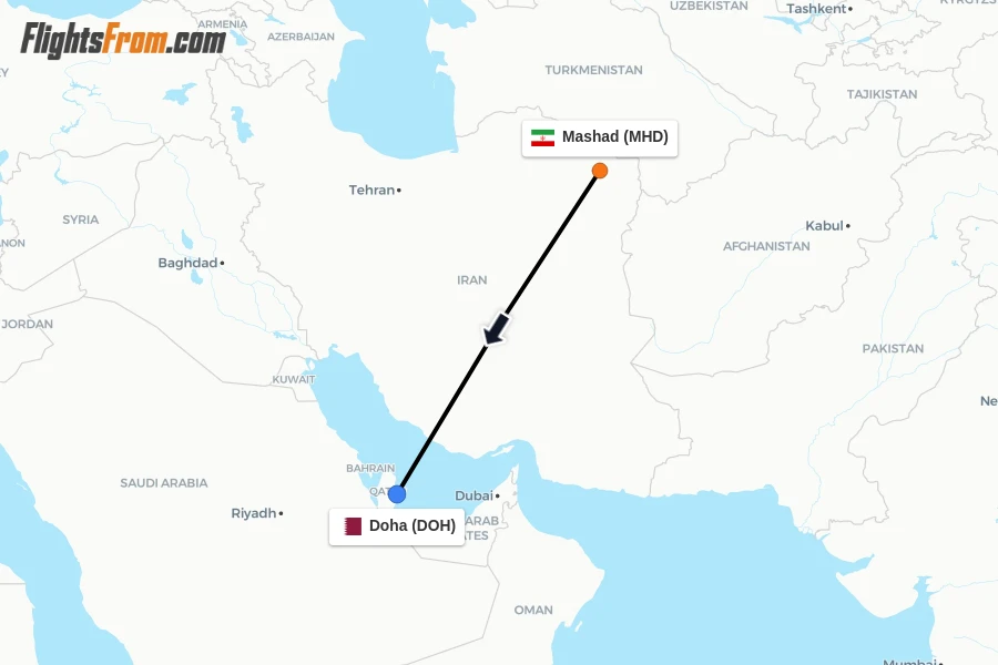 Flights from Mashad to Doha route map