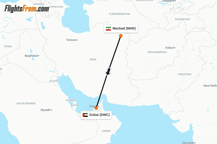 Flights from Mashad to Dubai route map