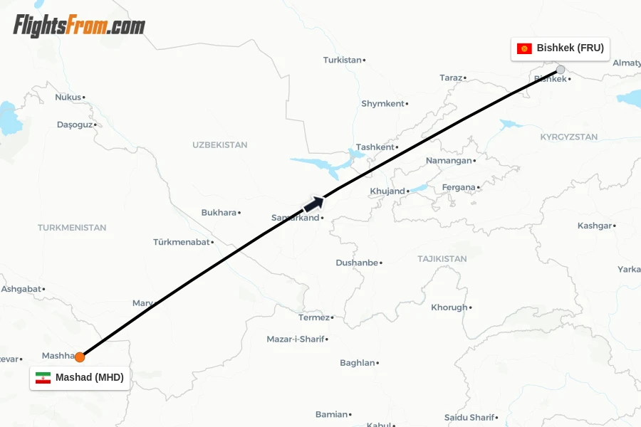 Flights from Mashad to Bishkek route map
