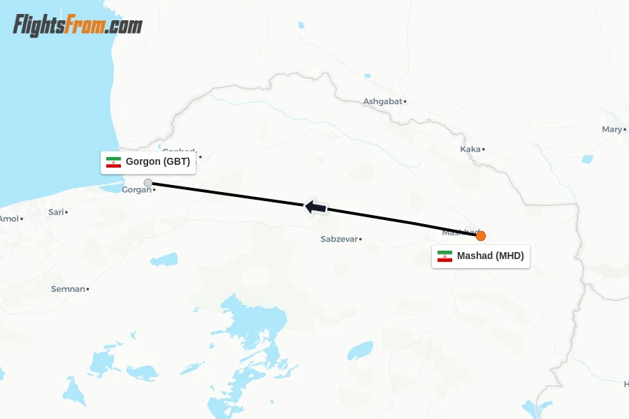 Flights from Mashad to Gorgon route map