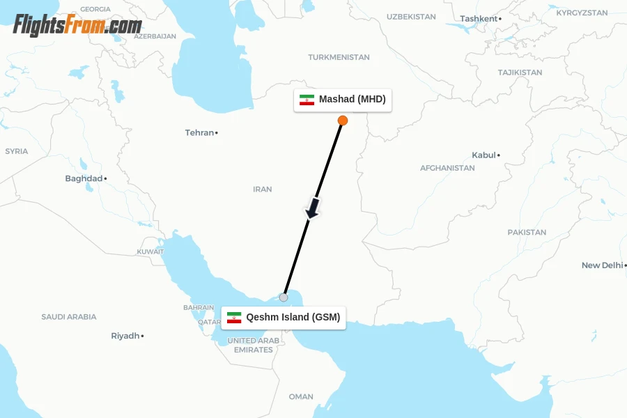 Flights from Mashad to Qeshm Island route map