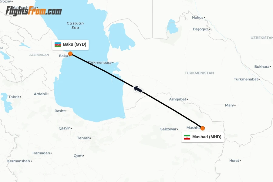 Flights from Mashad to Baku route map