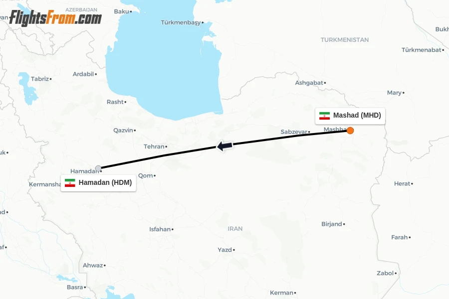 Flights from Mashad to Hamadan route map