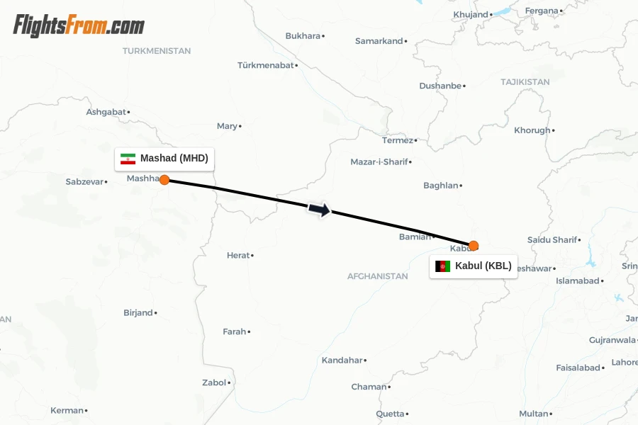 Flights from Mashad to Kabul route map