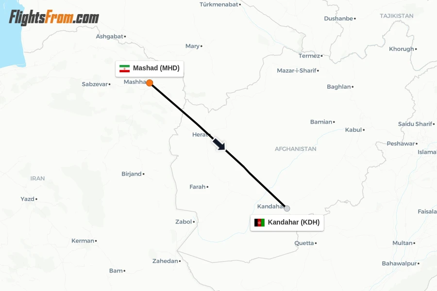 Flights from Mashad to Kandahar route map