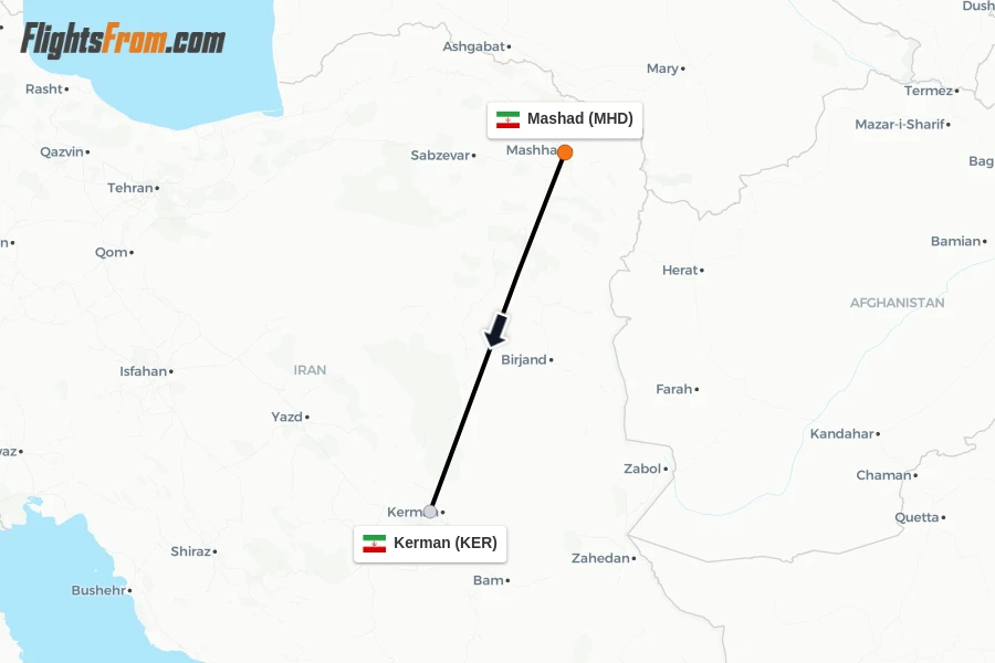 Flights from Mashad to Kerman route map