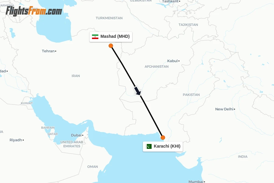 Flights from Mashad to Karachi route map