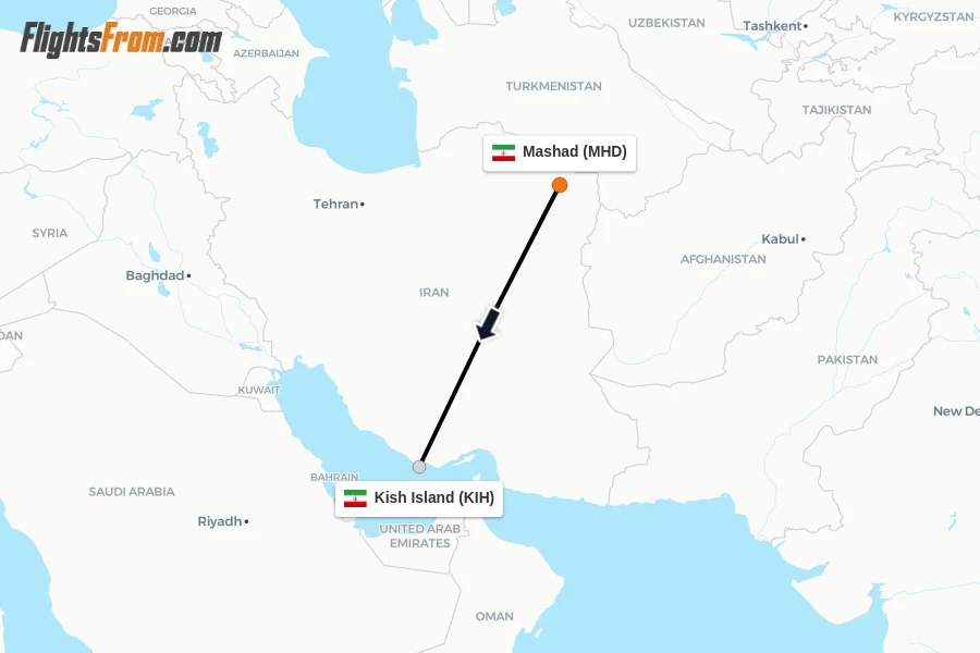 Flights from Mashad to Kish Island route map