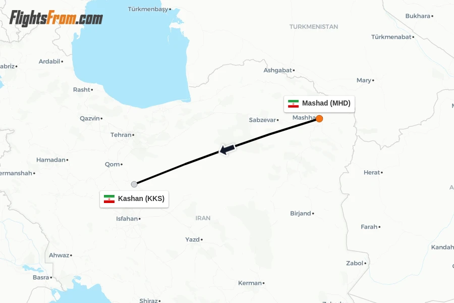 Flights from Mashad to Kashan route map