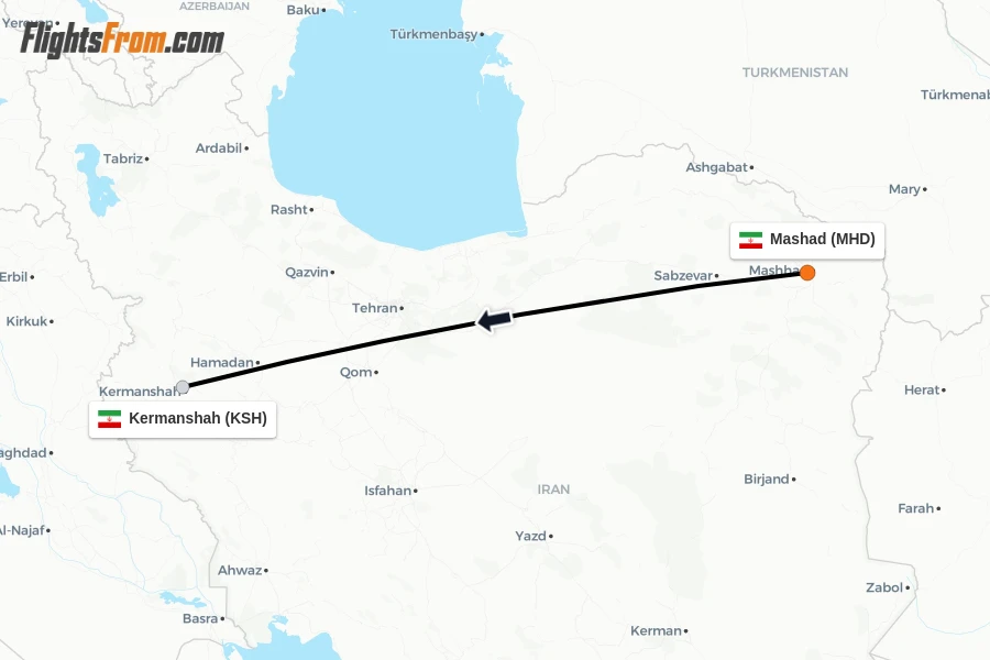 Flights from Mashad to Kermanshah route map