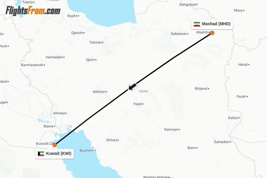 Flights from Mashad to Kuwait route map