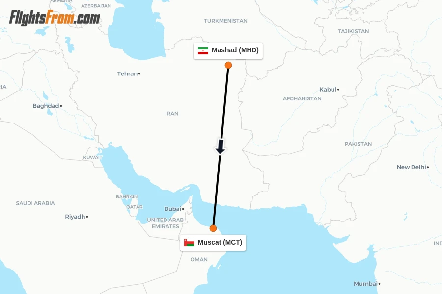 Flights from Mashad to Muscat route map