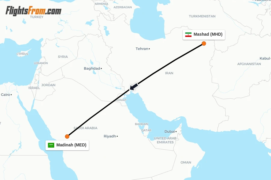 Flights from Mashad to Madinah route map