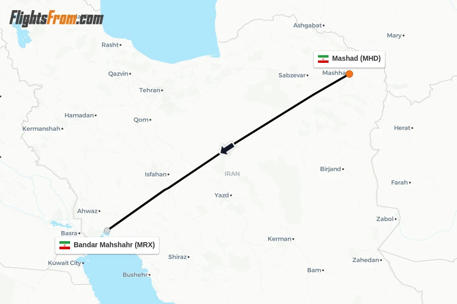 Flights from Mashad to Bandar Mahshahr route map