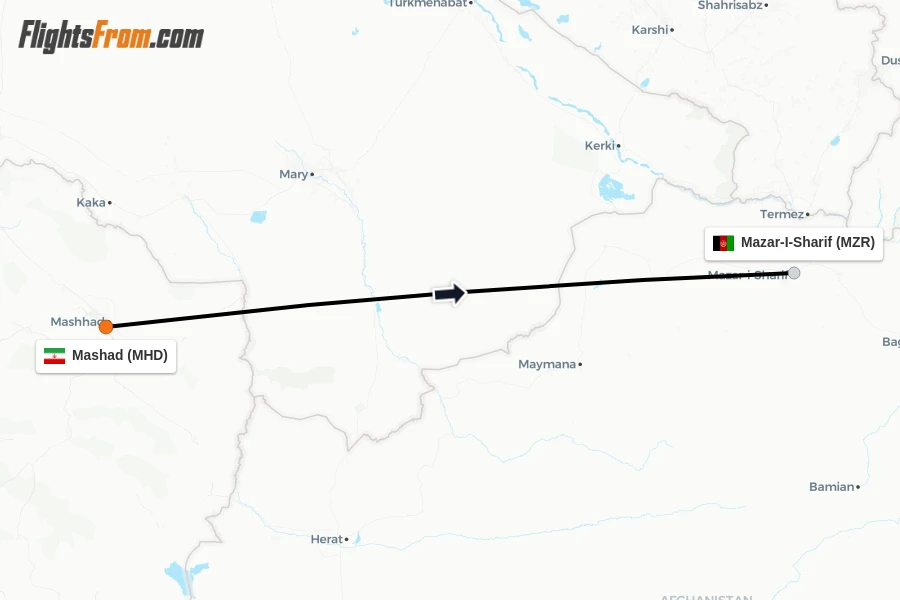Flights from Mashad to Mazar-I-Sharif route map