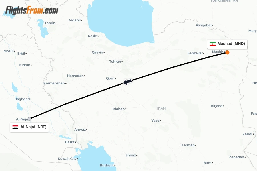 Flights from Mashad to Al-Najaf route map