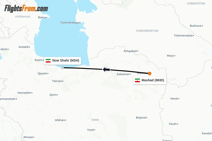 Flights from Mashad to Now Shahr route map