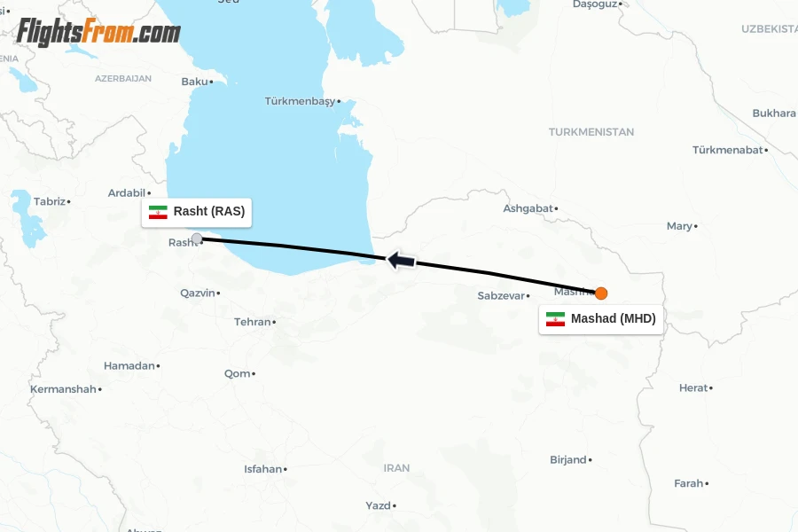 Flights from Mashad to Rasht route map