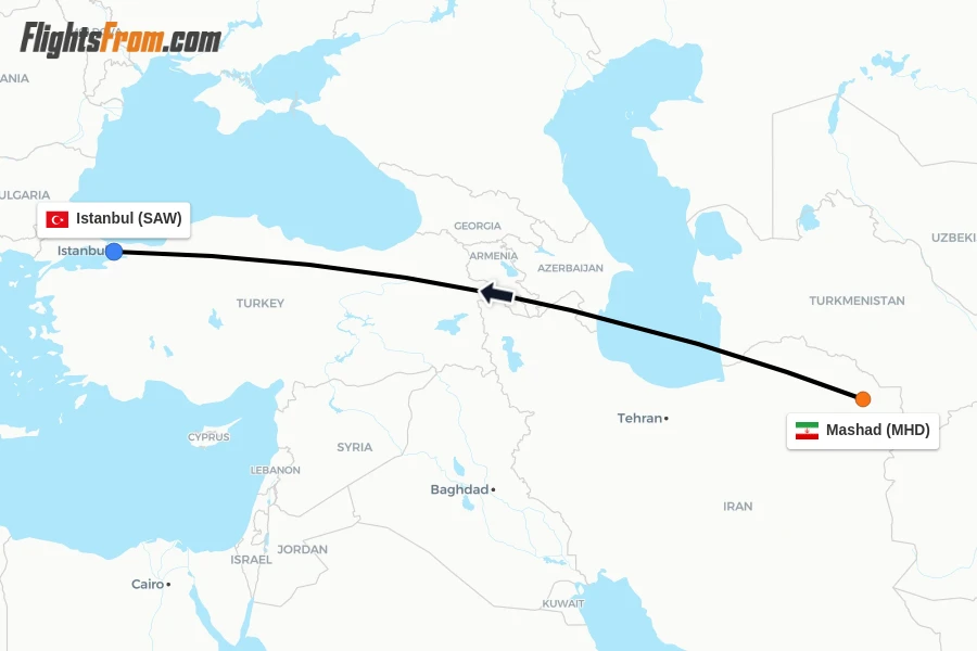 Flights from Mashad to Istanbul route map