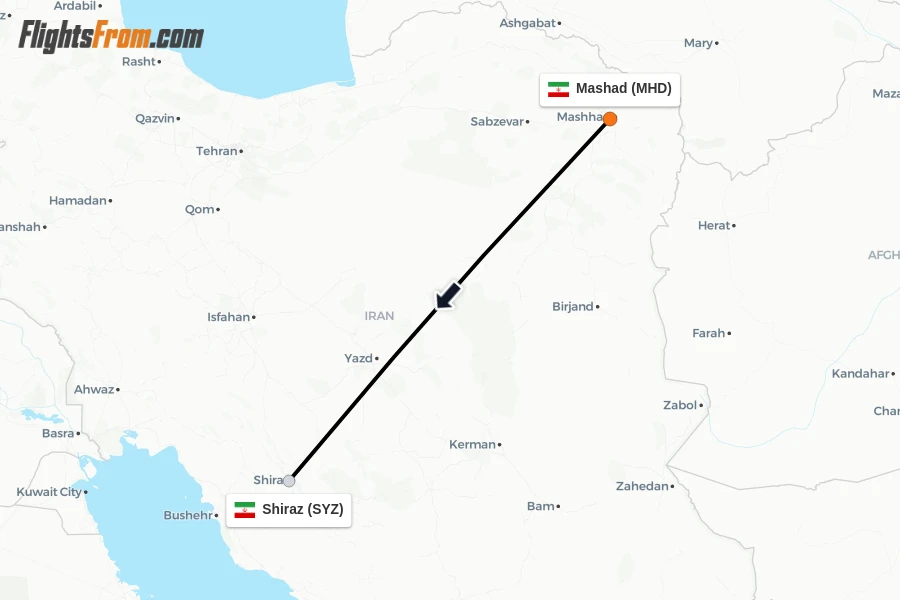 Flights from Mashad to Shiraz route map