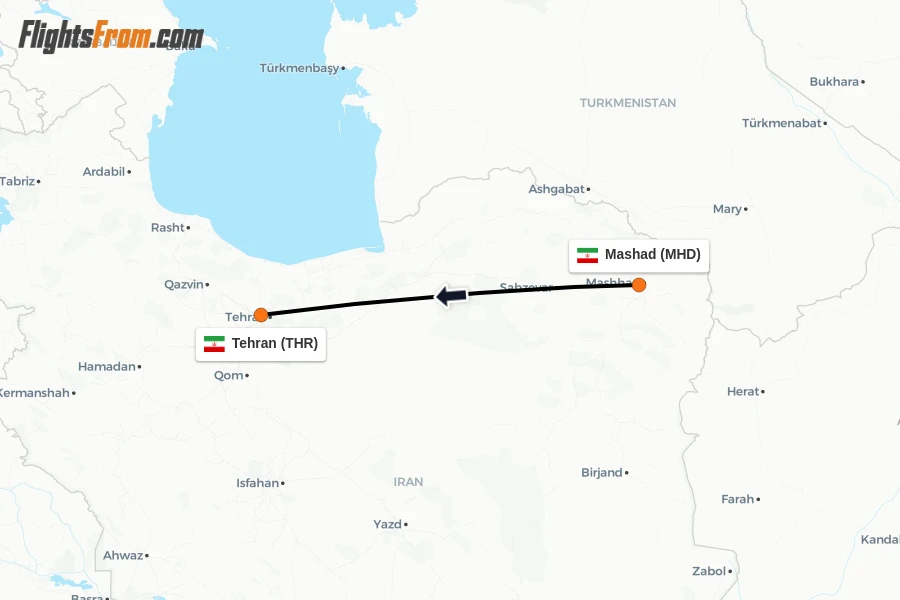 Flights from Mashad to Tehran route map