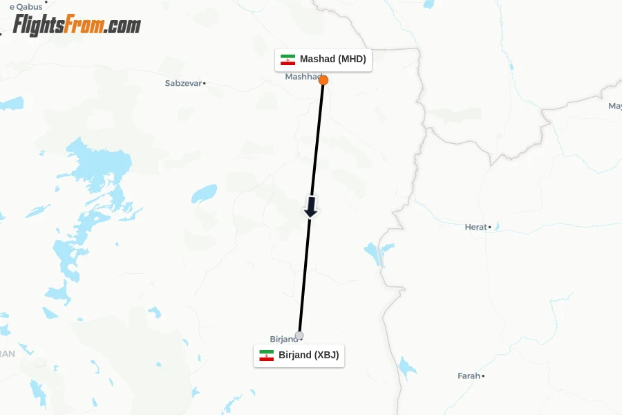 Flights from Mashad to Birjand route map