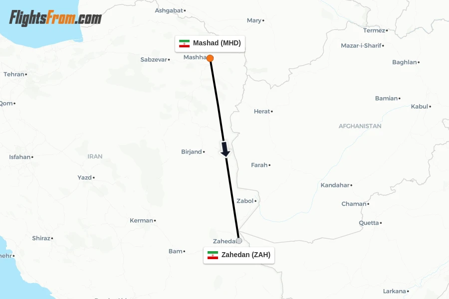 Flights from Mashad to Zahedan route map