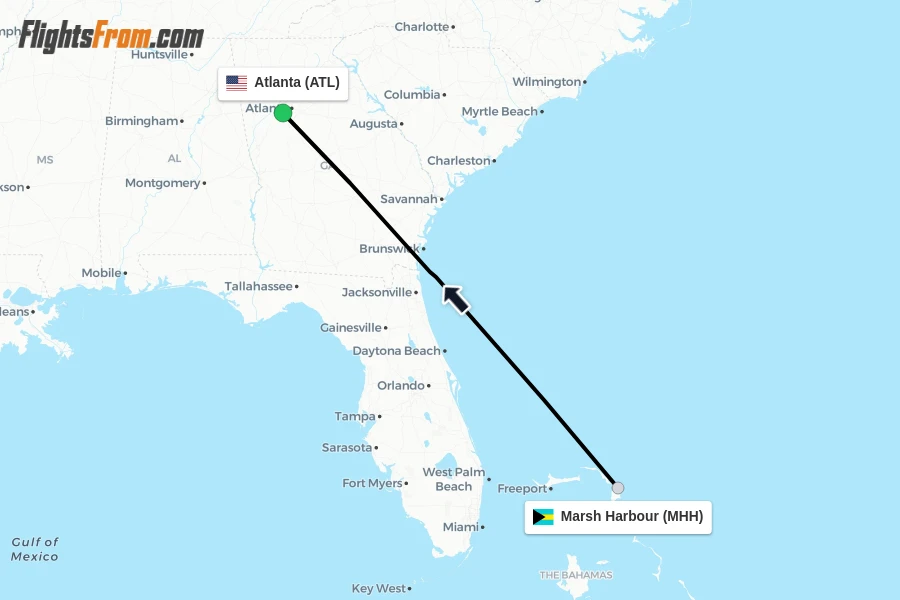 Flights from Marsh Harbour to Atlanta route map