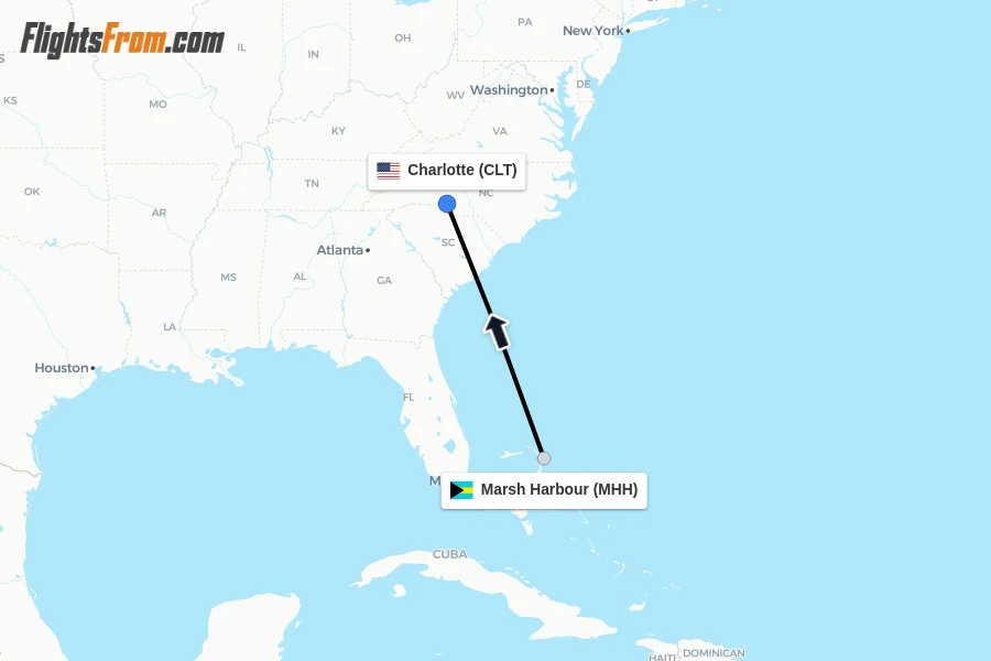 Flights from Marsh Harbour to Charlotte route map