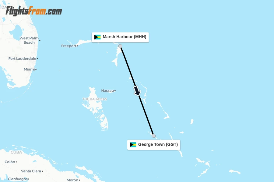 Flights from Marsh Harbour to George Town route map