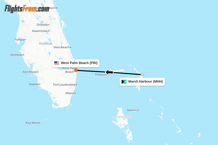 Flights from Marsh Harbour to West Palm Beach route map