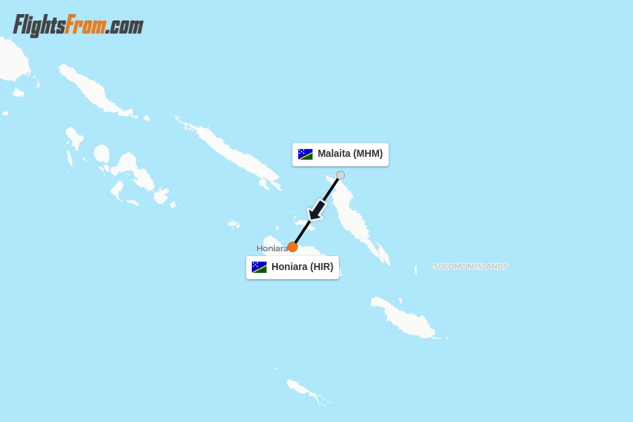 Flights from Malaita to Honiara route map