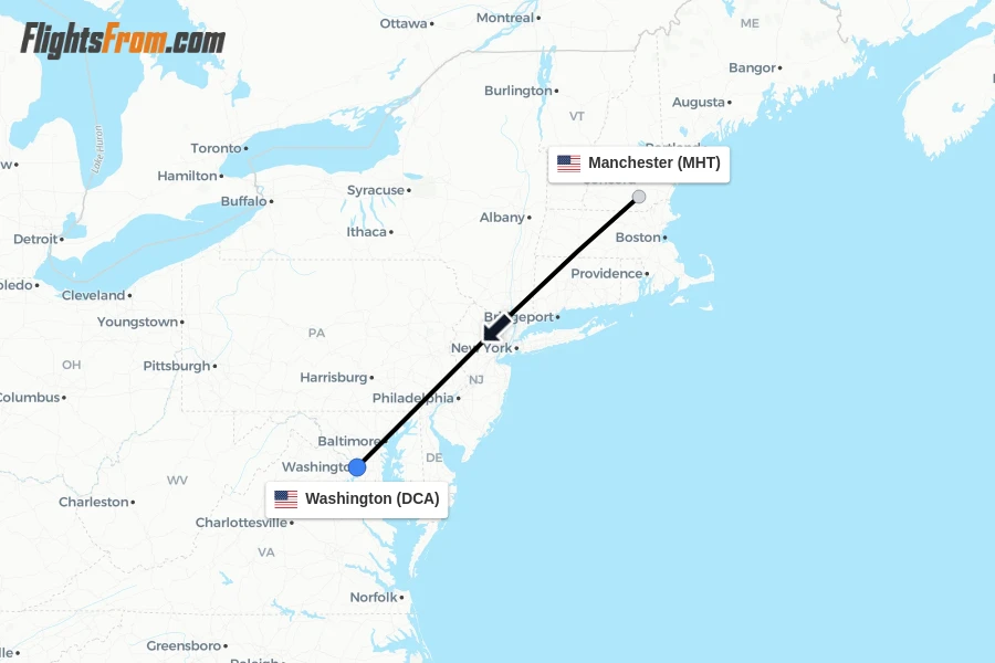 Flights from Manchester to Washington route map
