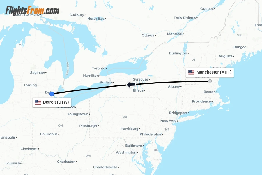 Flights from Manchester to Detroit route map