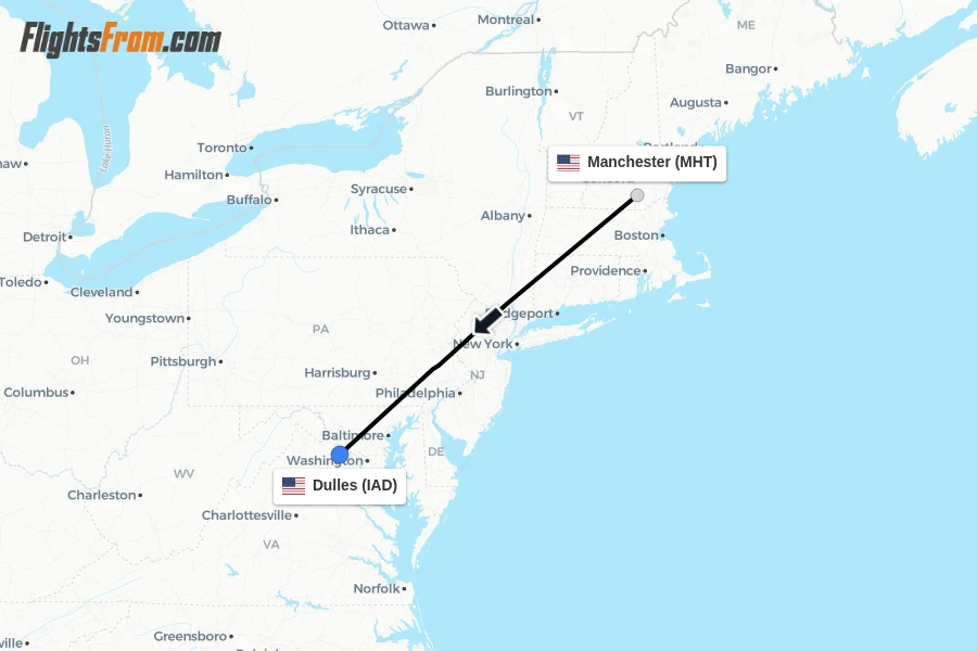 Flights from Manchester to Dulles route map
