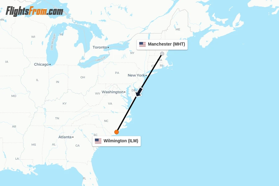 Flights from Manchester to Wilmington route map