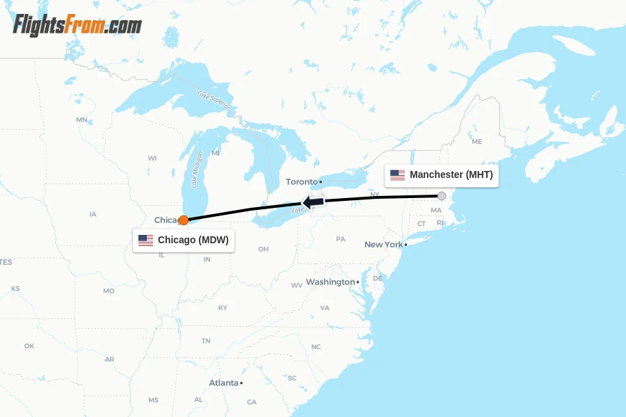 Flights from Manchester to Chicago route map