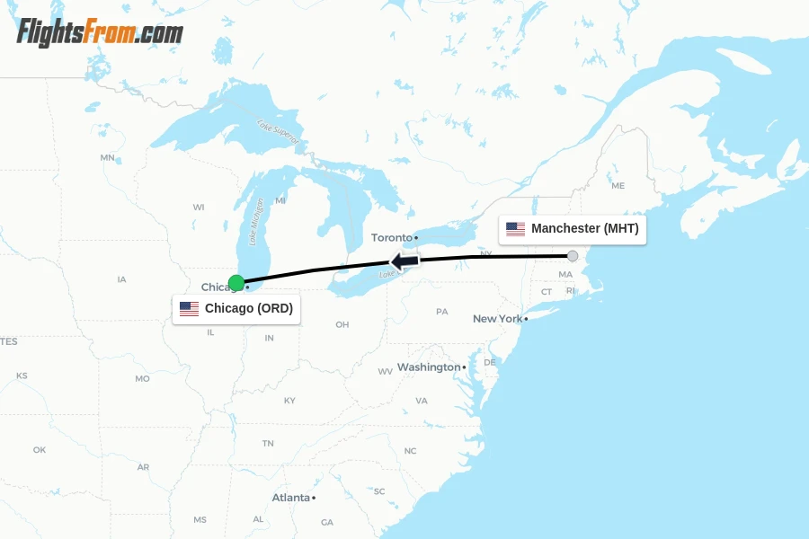 Flights from Manchester to Chicago route map