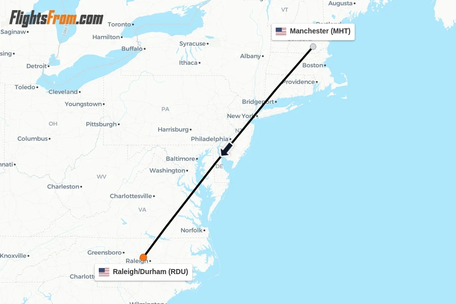 Flights from Manchester to Raleigh/Durham route map