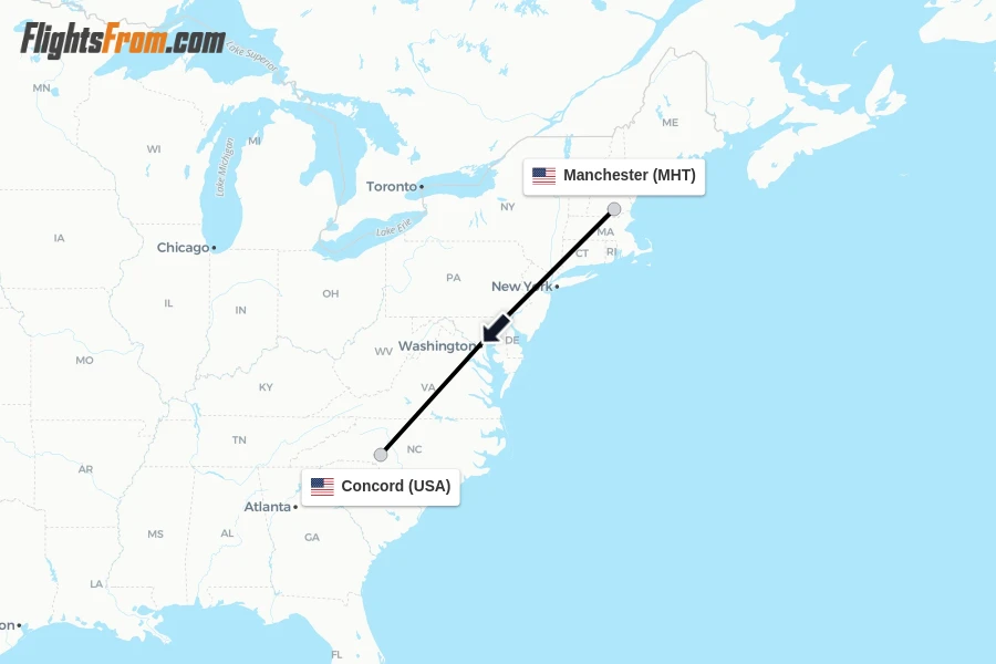 Flights from Manchester to Concord route map