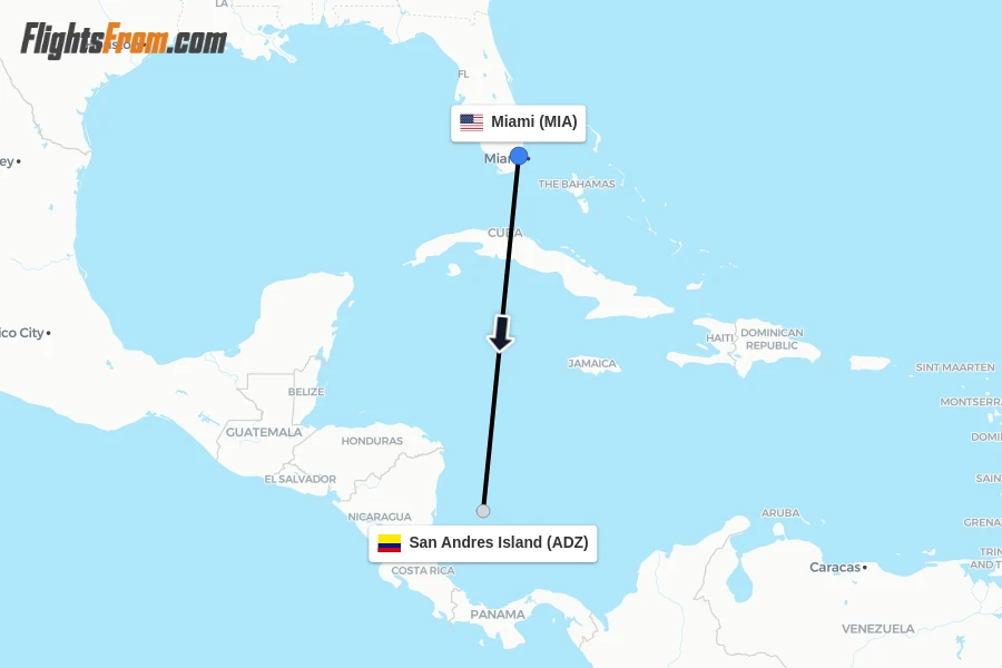 Flights from Miami to San Andres Island route map