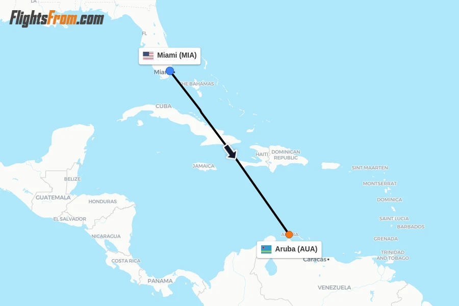 Flights from Miami to Aruba route map