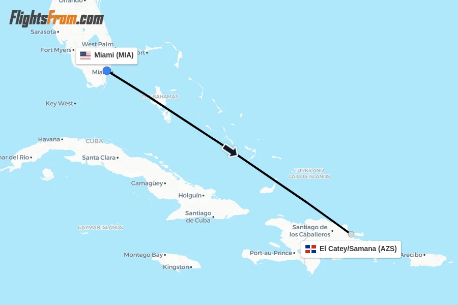 Flights from Miami to El Catey/Samana route map