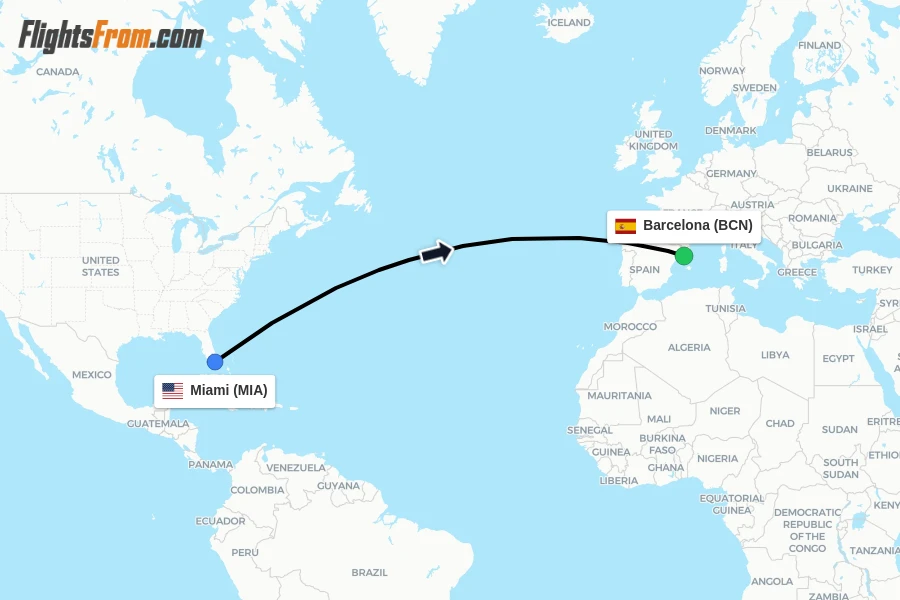 Flights from Miami to Barcelona route map