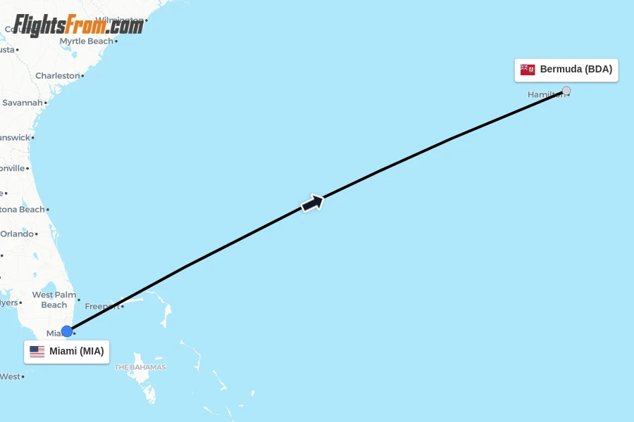 Flights from Miami to Bermuda route map